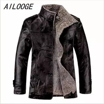 Мужская кожаная куртка, новая мода для отдыха, осень-зима, длинное пальто с воротником-стойкой, черное L чёрный