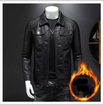 Мужская кожаная куртка, новая модная плюшевая и утолщенная мотоциклетная куртка для похудения, мужская кожаная куртка 4XL чёрный