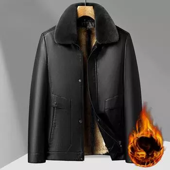 Мужская кожаная куртка, новая зимняя, утолщенный меховой воротник, съемная подкладка, теплая бархатная кожаная куртка, кожаная куртка для папы 175
