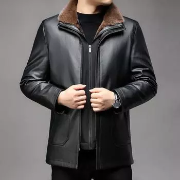 Мужская кожаная куртка осень-зима для людей среднего и пожилого возраста, мужская съемная меховая подкладка, мужская кожаная куртка средней длины с меховым воротником M