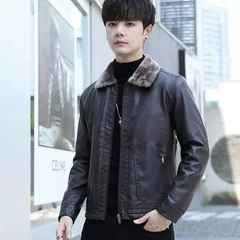 Мужская кожаная куртка, осенне-зимняя новая плюшевая утепленная куртка, модная мотоциклетная кожаная куртка, молодежная модная одежда с этикетками M