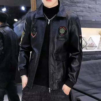 Мужская кожаная куртка, плюшевая осенне-зимняя новая кожаная куртка из искусственной кожи с лацканами, мотоциклетная корейская версия, облегающая трендовая красивая мужская куртка M