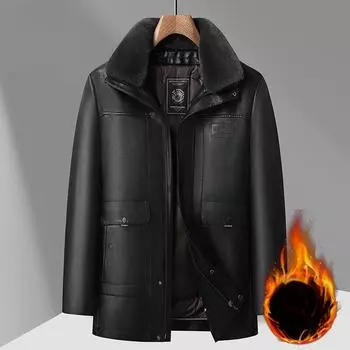 Мужская кожаная куртка-пуховик зимняя утолщенная теплая кожаная куртка съемная подкладка меховой воротник кожаная куртка мужская зимняя куртка 175