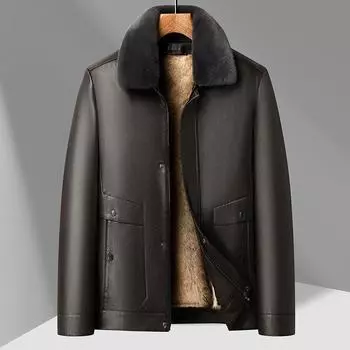 Мужская кожаная куртка с бархатом и утолщенной съемной внутренней подкладкой для старого папы, зимняя теплая меховая куртка из натуральной кожи 175