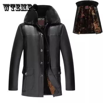 Мужская кожаная куртка с большим меховым воротником, зимняя, плюс бархатная, теплая, мотоциклетная куртка, повседневная, кашемировая, парки 4XL чёрный