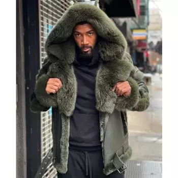 Мужская кожаная куртка с большим меховым воротником и капюшоном из утолщенного плюша S зелёный