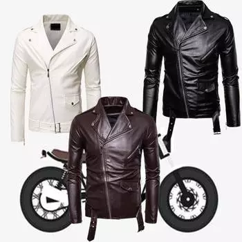 Мужская кожаная куртка с длинными рукавами, однотонная модная мужская спортивная повседневная куртка с диагональной молнией S слоновая кость