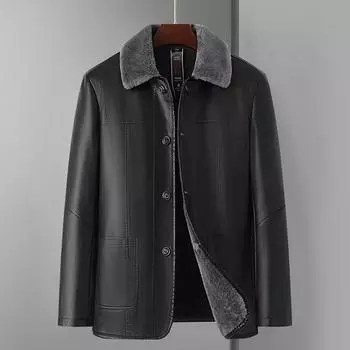 Мужская кожаная куртка с флисом и утолщенным средним и длинным мехом L чёрный