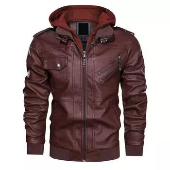 Мужская кожаная куртка с капюшоном 2907 Trend European and American Casual Motorcycle Jacket Removable Hat Men s Leather Jacket M коричневый