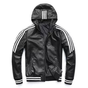 Мужская кожаная куртка с капюшоном китайского размера из 100% натуральной овчины в белые полоски, куртка из натуральной кожи для мальчиков, пальто с капюшоном, весна-осень M183 M черный кожаный жакет