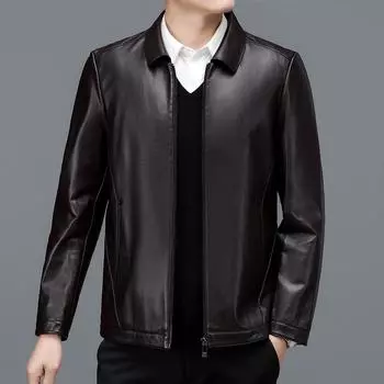 Мужская кожаная куртка с лацканами для мужчин среднего возраста большого размера, повседневная одежда для папы, свободное пальто средней длины, куртка из овчины M