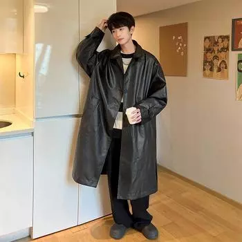 Мужская кожаная куртка с лацканами, весна и осень, новая мужская молодежная американская ретро-темная модная кожаная куртка средней длины M чёрный