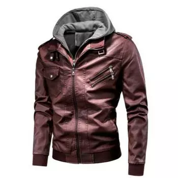 Мужская кожаная куртка с отстегивающимся капюшоном и несколькими карманами на двойной молнии на весну и осень S