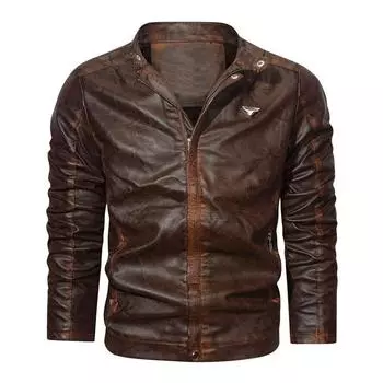 Мужская кожаная куртка с потертым воротником-стойкой, мотоциклетная кожаная куртка, мужская ретро-куртка в стиле ретро L темно-коричневого