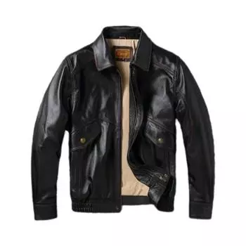 Мужская кожаная куртка с широкими краями, свободного покроя, мягкая, из натуральной коровьей кожи, черного цвета, летный костюм, короткий, свободного покроя S