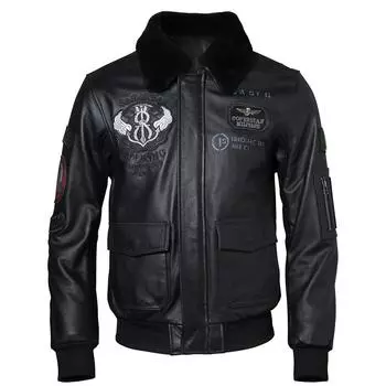 Китайский размер вышитая мужская кожаная куртка 100% натуральная коровья кожа меховой воротник летные куртки военное пальто байкерская одежда азиатский размер M438 M черный кожаный жакет
