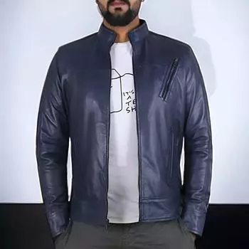 Мужская кожаная куртка синего цвета, стильная, ручная работа, оригинальная, из овчины, байкерская, повседневная XS синий