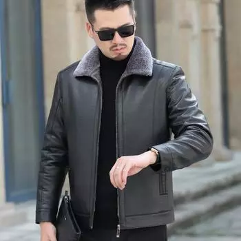 Мужская кожаная куртка среднего и старого размера, повседневная куртка из замши и флиса с лацканами, зимняя волна M чёрный
