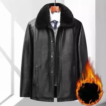 Мужская кожаная куртка среднего возраста на флисовой подкладке, утепленная зимняя одежда для папы, кожаное пальто 170