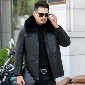 Мужская кожаная куртка среднего возраста с меховым воротником, утолщенная съемная подстежка, зимняя куртка из плотной кожи 170