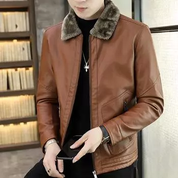 Мужская кожаная куртка среднего возраста, зимняя новая корейская трендовая мотоциклетная куртка, плюшевая и теплая кожаная куртка, мужская верхняя одежда 4XL