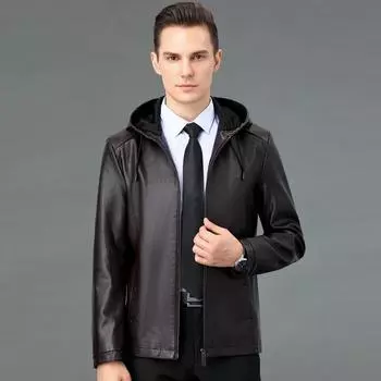 Мужская кожаная куртка среднего возраста, зимняя новая модная повседневная куртка в корейском стиле с капюшоном, простая кожаная куртка 170