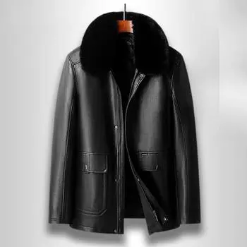 Мужская кожаная куртка средней толщины из флиса, утолщенная кожаная куртка, повседневная деловая кожаная куртка с отложным воротником 175