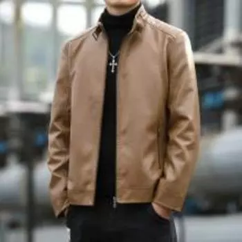 Мужская кожаная куртка весна-осень, новая мотоциклетная куртка с воротником-стойкой, мужская модная короткая кожаная куртка плюс бархатная кожаная куртка L