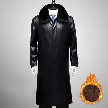 Мужская кожаная куртка выше колена, зимняя бархатная толстая теплая кожаная куртка, мотоциклетная куртка для отдыха, длинные парки M