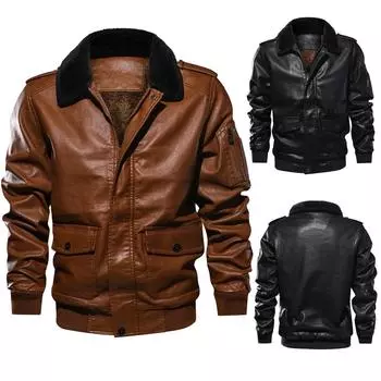 Мужская кожаная летная куртка с воротником с лацканами и карманами, верхняя одежда, пальто L чёрный