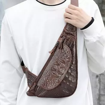 Мужская кожаная нагрудная сумка из крокодиловой кожи с косым узором, повседневная сумка через плечо из коровьей кожи с верхним слоем темно-коричневого