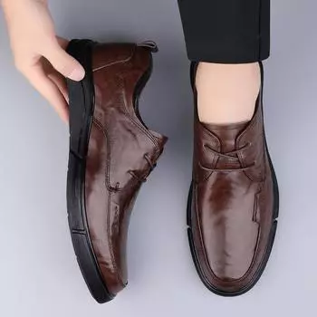 Мужская кожаная обувь. Деловая повседневная кожаная обувь. Дышащая мужская модельная обувь с мягкой подошвой для папы среднего и пожилого возраста. 37 чёрный