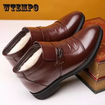 Мужская кожаная обувь, искусственная мягкая кожа на низком каблуке, плюшевая теплая обувь с острым носком, деловая обувь без шнуровки, ботильоны 44 коричневый