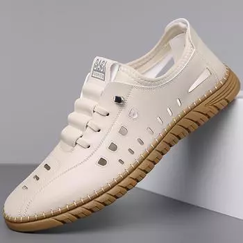 Мужская кожаная обувь, новые летние дышащие мягкие подошвы, модная мужская повседневная обувь, сшитые прочные полые сандалии из коровьей кожи для мужчин 38