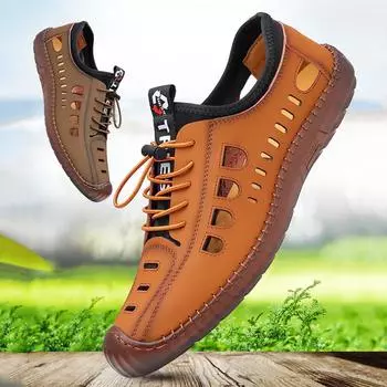 Мужская кожаная обувь с отверстиями, летние мужские сандалии ручной работы, нескользящая обувь из коровьего сухожилия с закрытым носком, уличная пляжная обувь для воды 38
