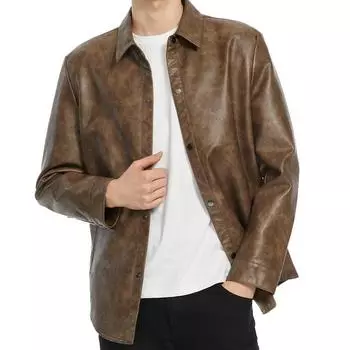 Мужская кожаная одежда Осень и зима Мужская стираная кожаная куртка Мужская повседневная модная кожаная одежда Куртка-рубашка M хаки