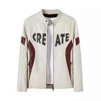 Мужская кожаная одежда Зимняя кожаная одежда Куртка из искусственной кожи Молодежная бархатная мотоциклетная кожаная куртка с воротником-стойкой L грязно-белый