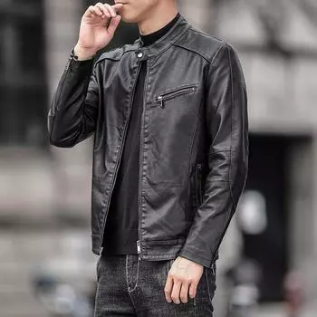 Мужская кожаная повседневная куртка, мужская осенняя молодежная куртка из искусственной кожи, тонкая мотоциклетная одежда, куртка с воротником-стойкой M