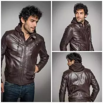 Мужская кожаная повседневная толстовка с капюшоном из натуральной овчины, приталенная байкерская коричневая куртка XS коричневый