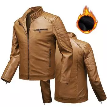 Мужская кожаная приталенная куртка плюс бархатная зимняя куртка мужской мотоциклетный костюм большой размер стойка воротник кожаная куртка мужская XXXXL чёрный