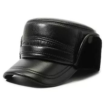 Мужская кожаная шляпа с плоским верхом для людей среднего и пожилого возраста, зимняя теплая защитная шапка для ушей, толстая утепленная кепка чёрный