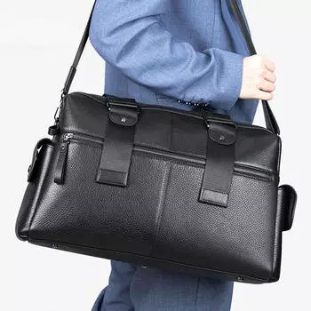 Мужская кожаная сумка большой вместимости для отдыха и путешествий, сумка из коровьей кожи для компьютера на короткие расстояния чёрный
