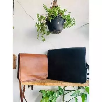 Мужская кожаная винтажная сумка-мессенджер для ноутбука ручной работы, черная сумка ( Размер сумки Free Sling Brown - 9 x 7 x 3 дюйма ) 10 x 13 x 4 in чёрный