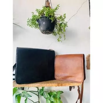 Мужская кожаная винтажная сумка-мессенджер для ноутбука ручной работы, черная сумка ( Размер сумки Free Sling Brown - 9 x 7 x 3 дюйма ) 10 x 13 x 4 in чёрный