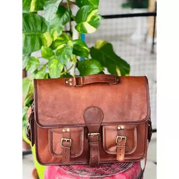 Мужская кожаная винтажная сумка-портфель для ноутбука ручной работы 18 x 14 x 6 in