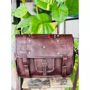 Мужская кожаная винтажная сумка-портфель ручной работы для ноутбука с большим отделением 15 x 11 x 4 in коричневый