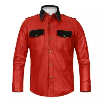 Мужская красная кожаная рубашка из натуральной мягкой овчины ручной работы, стильная повседневная байкерская рубашка для активного отдыха XS красный