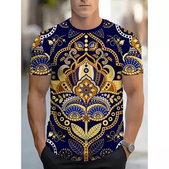 Мужская красочная футболка с этническим принтом, футболка с 3D-принтом в стиле ретро со слоном, летняя уличная футболка с круглым вырезом и короткими рукавами XXS