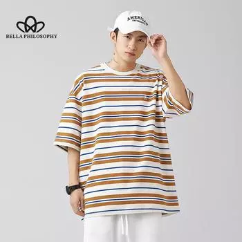 Мужская красочная полосатая футболка в стиле ретро, мужская весна и лето, новые свободные универсальные модели для пар, рубашка с короткими рукавами M синий