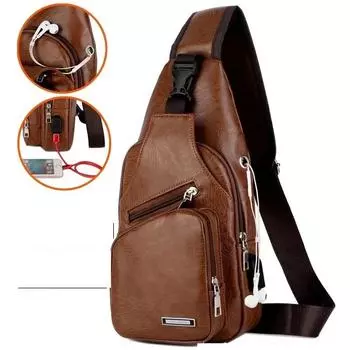 Мужская креативная сумка на грудь с зарядкой через USB, повседневная сумка из искусственной кожи в стиле ретро для верховой езды, спорта и путешествий, сумка через плечо чёрный